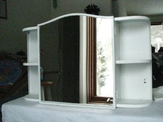 Vintage 1950s Metal Wall Hanging Medicine Cabinet With Mirror & Shelves