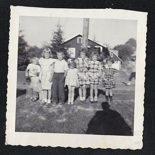 Vintage Antique Photograph Group Of Childlren Standing In Yard - Creepy Shadow