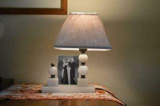 French Alabaster Marble Table Lamp With Photo Frame - Rewired &