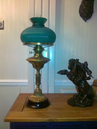 A 26.  5 " High Victorian Brass Oil Lamp With Green Glass Shade Twin Duplex Wick