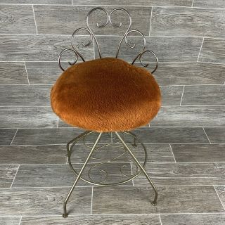 Vintage Mid Century Modern Gold Metal Vanity Stool Swivel Chair Orange Cushion