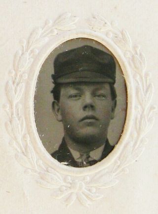 Small Gem Size Antique Tintype Photo Portrait Of Handsome Young Man Wearing Cap