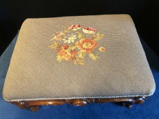 Vintage Needlepoint French Victorian Roses Foot Stool Antique Tapestry Ottoman