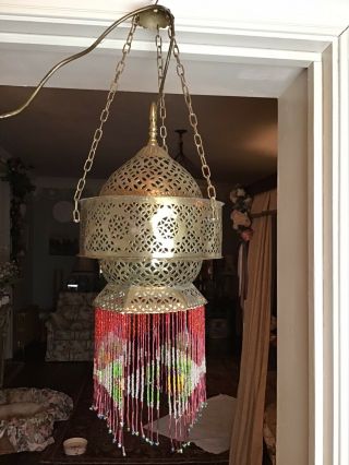 Vintage Pireced Brass Moroccan Beaded Fringed Ceiling Lantern 27”