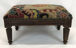 Antique Hand Carved Wood Foot Stool Colorful Decorative Needlepoint Top