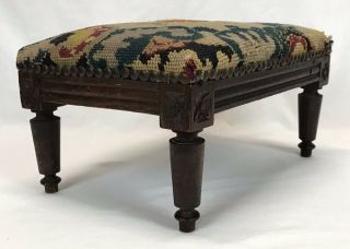 Antique Hand Carved Wood Foot Stool Colorful Decorative Needlepoint Top 3
