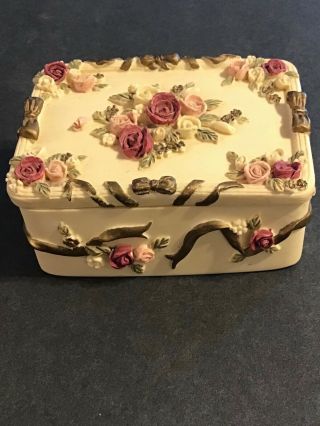 Dezine Hand Painted Trinket Box 1993 Roses/gold Bows