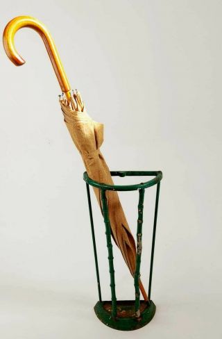 Antique Bamboo Cast Iron Flatback Umbrella Stand In Racing Green.