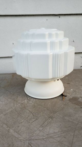 Vintage Art Deco Milk Glass Skyscraper Shade Ceiling Mount Light Fixture