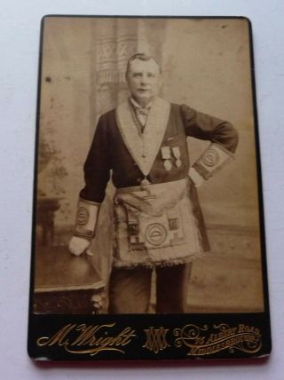 19th C Cabinet Card Photo Mason With Apron Cuffs & Medal M Wright Middlesbrough
