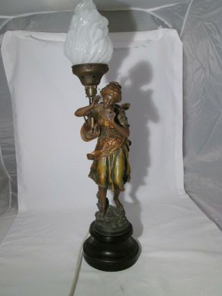 Vintage Large Spelter Art Deco Figural Lamp With White Glass Flame Shade