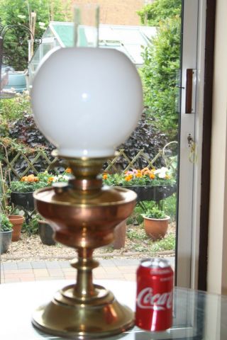 Antique Victorian Brass Oil Lamp Complete With Chimney And Globe