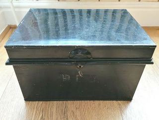 Vintage Antique Black Metal Deed Box With 2 Handles & Key - Holmes & Son London