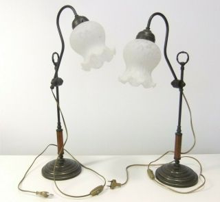 2 Adjustable Brass Lamps,  Frosted Glass Shades,  Antique Style,  &