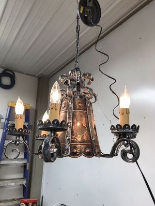 Vintage Gothic Medieval Spanish Metal & Amber Glass Hanging Light Fixture Italy