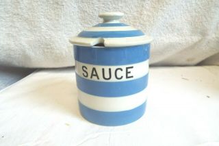 Vintage Blue/white Cornishware T.  G.  Green England Green Mark Sauce Jar With Lid