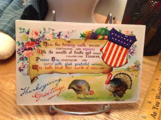 Vintage Thanksgiving Postcard Turkeys Under Parchment & Patriotic Shield