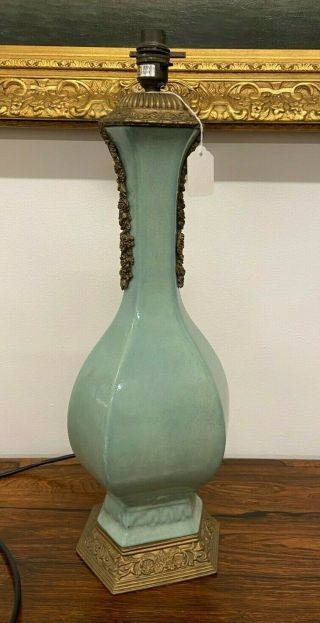 Vintage French Style Celadon Porcelain And Brass Table Lamp