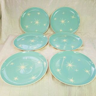 Rare Vintage Harkerware Blue Atomic Starburst Star Light Dinner Plate Set Of 6