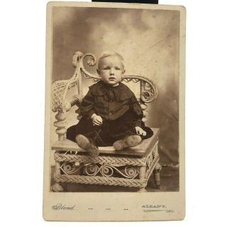 Antique Cabinet Card Photo Of Id’d Child Emitt Wilson In Ornate Wicker Chair
