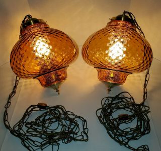 2 Vintage Mid Century Amber Glass Swag Lamps - Wiring & Chains - Brass