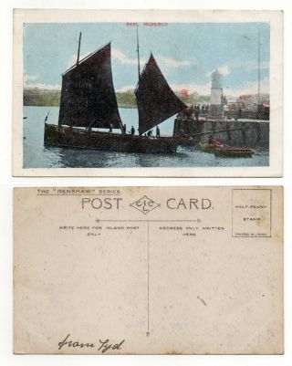 Sailing Fishing Boat In Peel Harbour Isle Of Man Vintage Postcard Renshaw Series