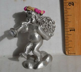 Vintage Miniature Pewter Angel Cherub Figurine Holding Horn - Spoontiques