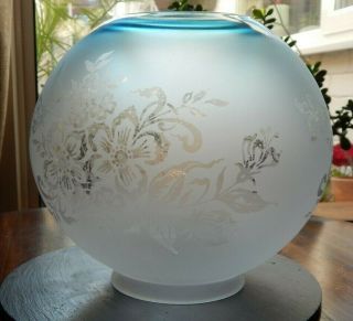 Duplex 4 " Fitting Glass Oil Lamp Shade - Etched Globe With A Blue Rim