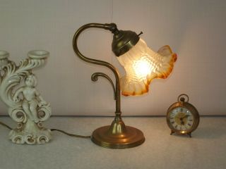 French Vintage Brass Goose Neck Table Lamp White & Amber Frilled Shade 1979