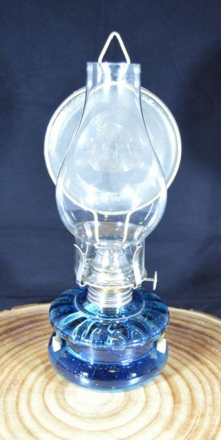 Vintage Blue Table / Wall Mounted Hanging Oil Lamp.  Chimney & Heat Deflector.