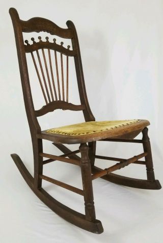 Antique Oak Wood Stick And Ball Rocking Chair Arts Crafts Victorian Vintage