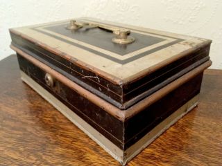 Antique Painted Metal Strong Cash Box With Bramah Lock And Lift Out Tray