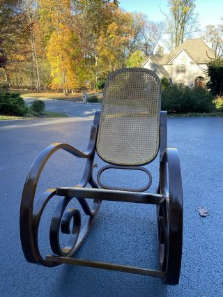 Vintage Rattan Bentwood Rocker Rocking Chair Thonet Style Dark Brown Wicker Back 2