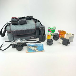 Vtg Canon Av - 1 35mm Slr Film Camera With 4 Lenses Case Flash Manuals Film Bundle