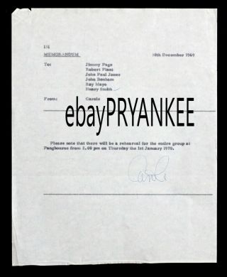 1969 Vintage Led Zeppelin Jimmy Page Pangbourne Recording Memo