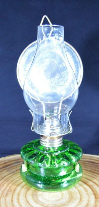 Vintage Green Table / Wall Mounted Hanging Oil Lamp.  Chimney & Heat Deflector.
