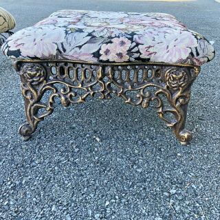 Vtg Antique Heavy Cast Iron Foot Stool Rest Footstool Floral Ornate Metal India