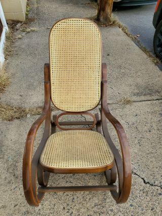 Vintage Rattan Bentwood Rocker Rocking Chair Thonet Style Dark Brown Wicker Back