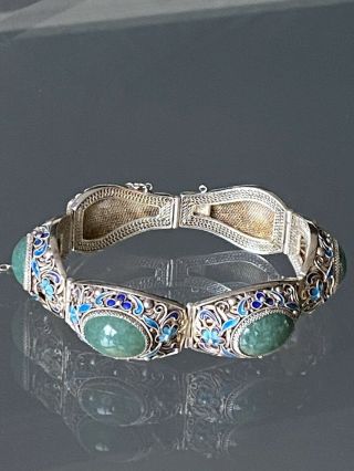 Vintage Chinese Export Silver Filigree Enamel Bracelet Jade / Jadeite Cabouchons