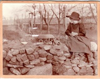 6 X 8 Inch Photograph Little Girl With Baby Chicks On Rock Wall & Wooden Wagon