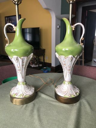 Vintage Antique Art Deco Style Table Lamp Tall Green Cream