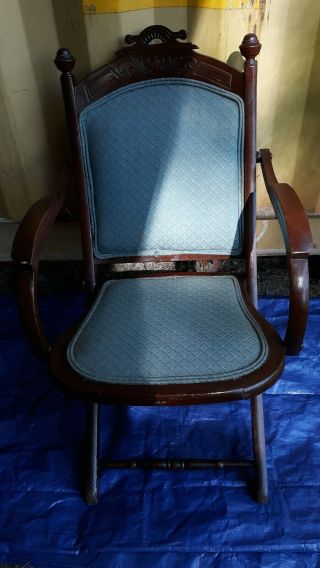 Antique/ Vintage Folding Solid Wood Chair With Padded Seat And Back