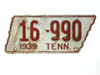 Tennessee 1939 License Plate Rare Tn Vintage Tag State Shaped Man Cave
