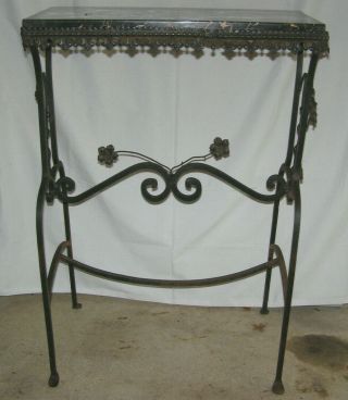 Vintage 1930’s Entrance Hall Wrought Iron Console Table W/ Black,  Gold Marble Top