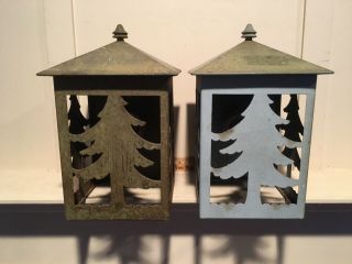 Vintage Pair Arts & Crafts Pine Tree Porch Lamp Lights Adirondack Camp Lodge