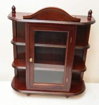 Vintage Mahogany Wooden Display Cabinet With Shelves & Glass Door Wall Hanging