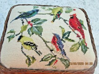 Vintage Wicker Foot Stool Ottoman Needlepoint Birds Cardinal Blue Bird Canary