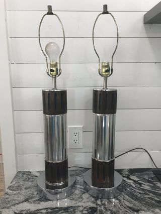 Pair Vintage Milo Baughman Style Mid Century Modern Chrome Walnut Table Lamps