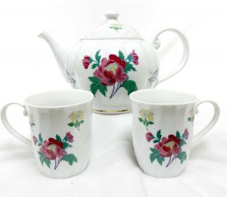 Laura Ashley Pardons Tea Cup Set Teapot Pink Yellow Flowers 2 Teacups
