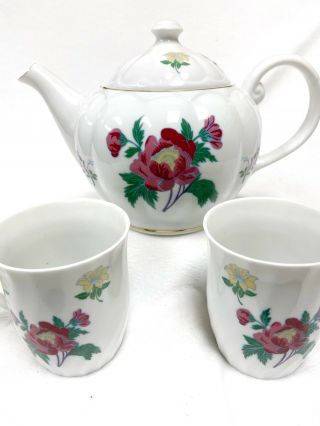 Laura Ashley Pardons Tea Cup Set Teapot Pink Yellow Flowers 2 Teacups 2